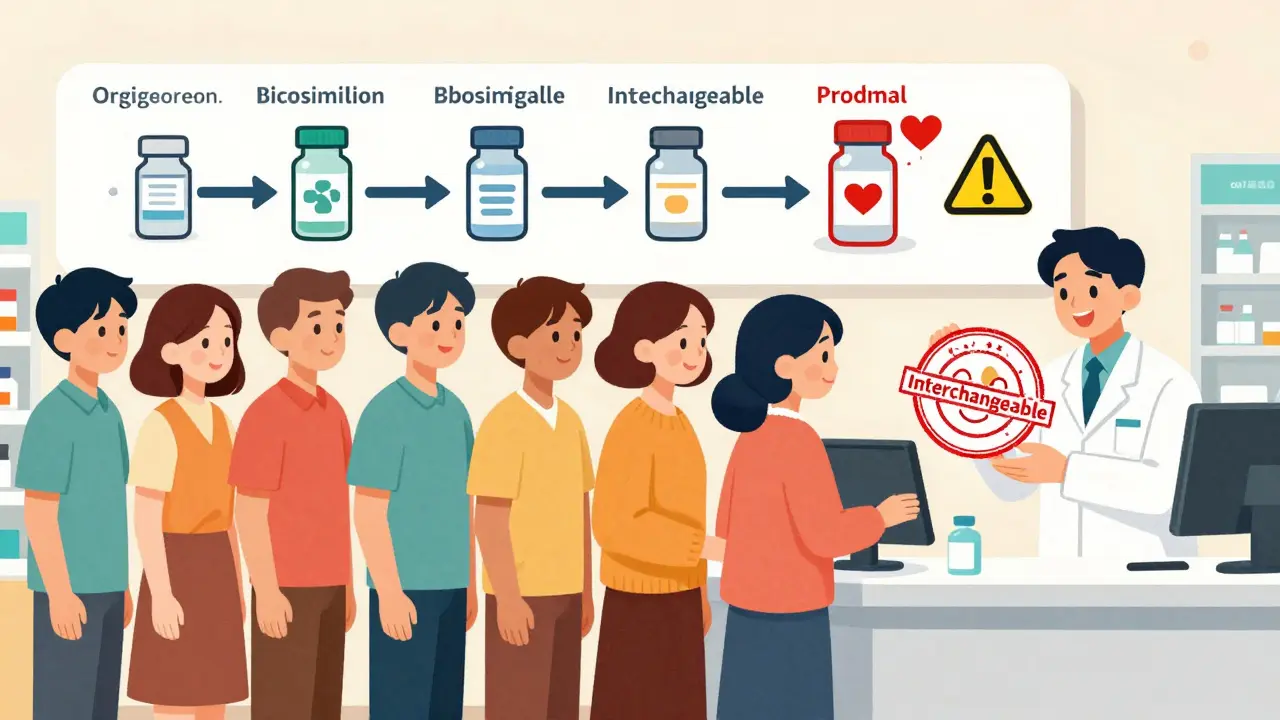 Diverse patients receiving biosimilars at a pharmacy, with a mural showing safe transitions between biologics and biosimilars.