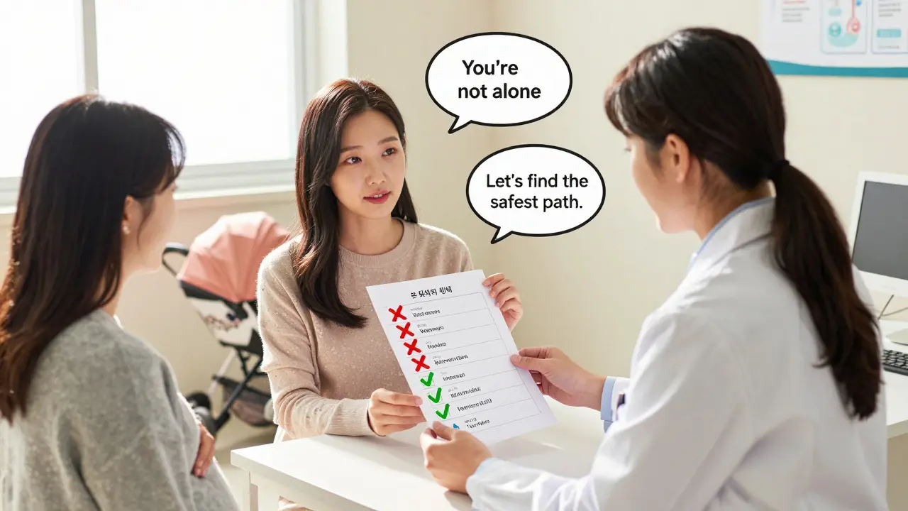 Doctor and pregnant patient reviewing a medication list with red Xs on risky drugs and green checks on safe alternatives in a clinic setting.