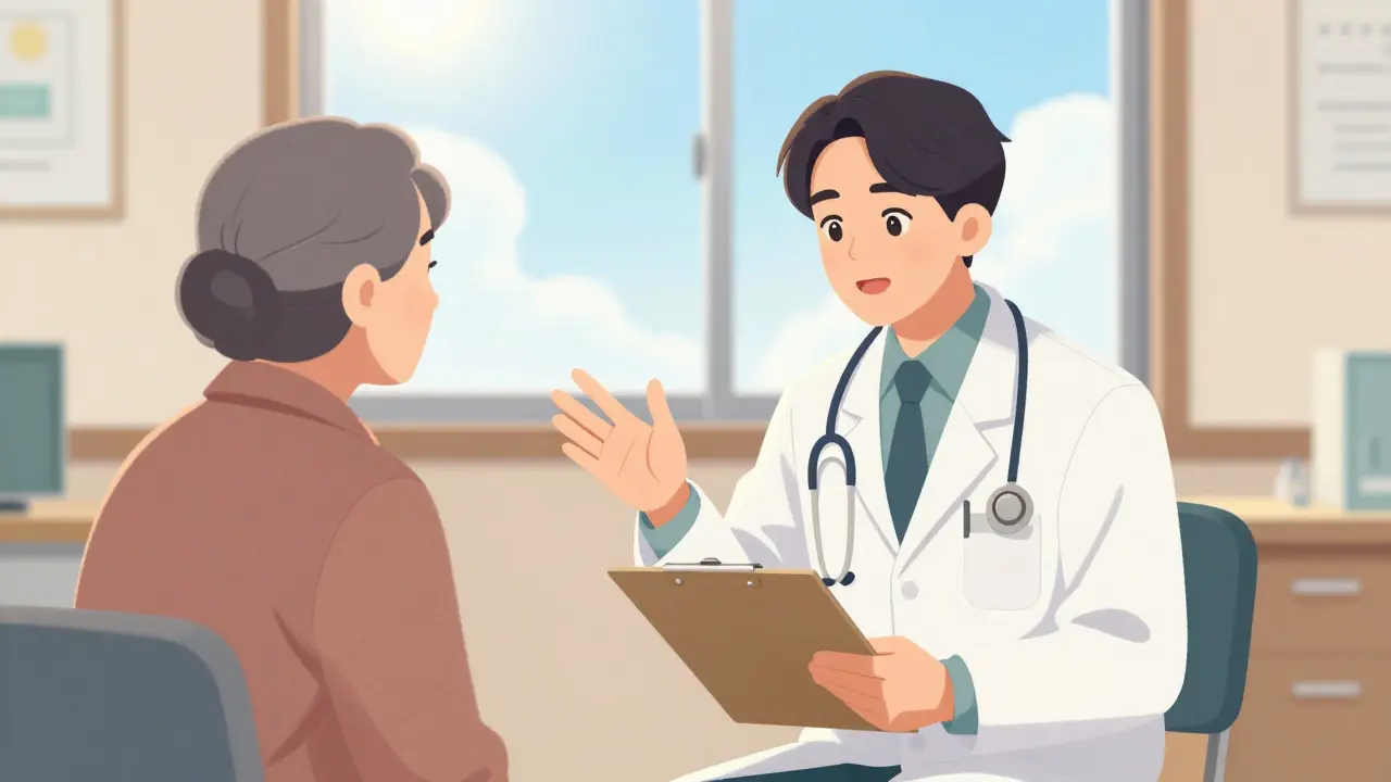 Doctor consulting with elderly patient in a bright clinic.