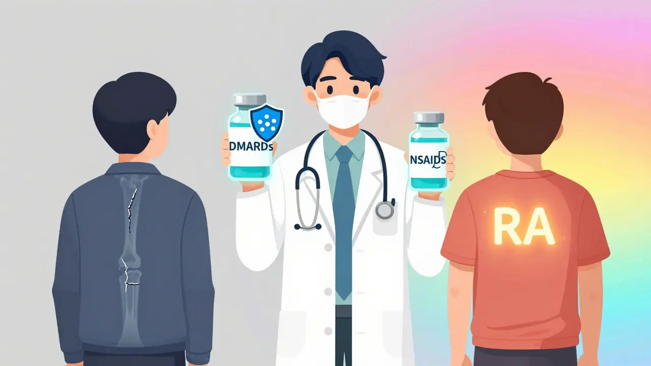 Doctor holding two treatment vials labeled DMARDs and NSAIDs, facing two patients with different joint conditions, symbolizing targeted arthritis care.