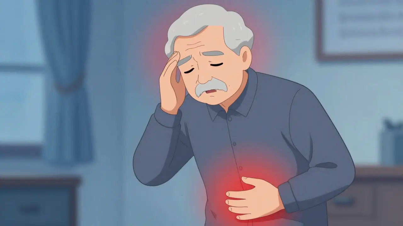 Elderly person holding head and stomach indicating health risks.