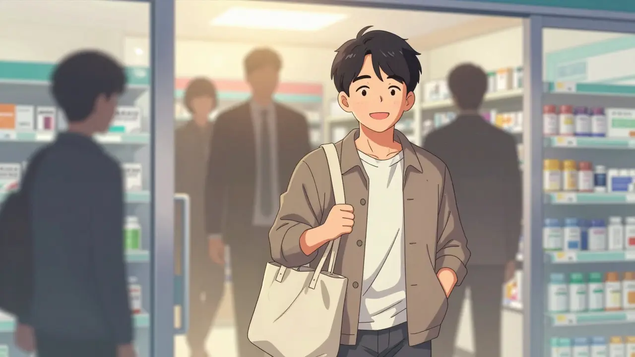 Happy patient leaving pharmacy carrying a bag of affordable medicines