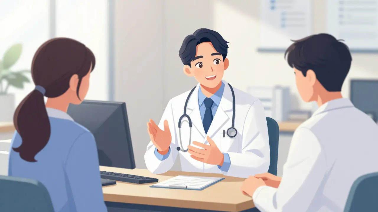 Patient consulting doctor in clinic for medical advice.