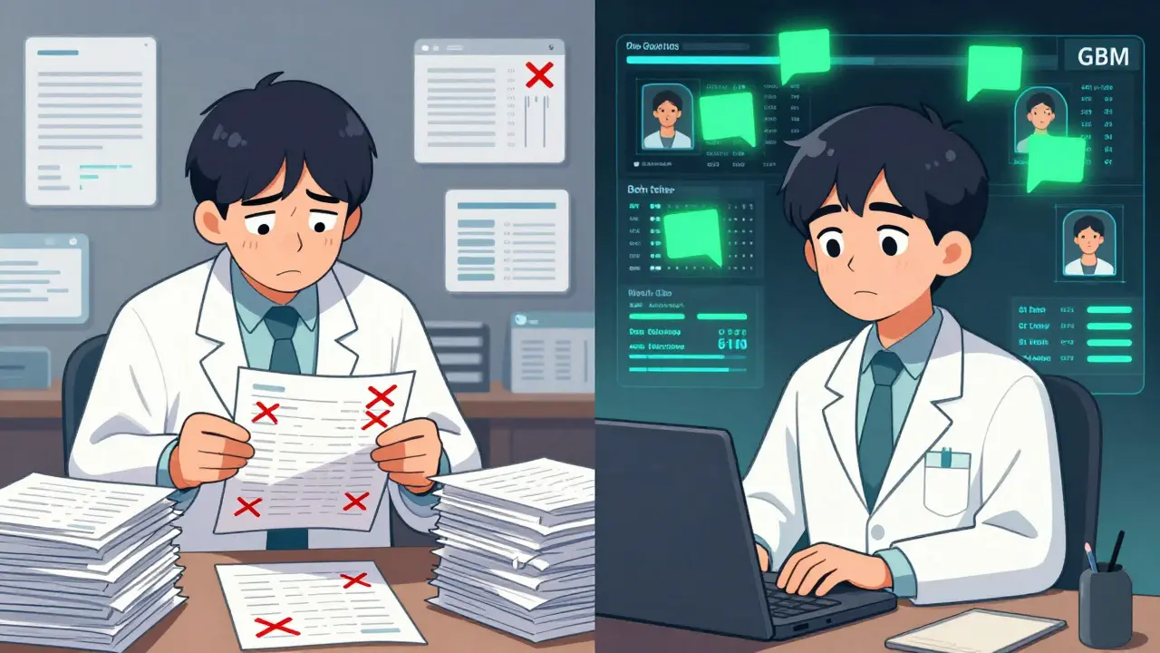 Pharmacist overwhelmed by paper reports vs. data scientist using AI dashboard.