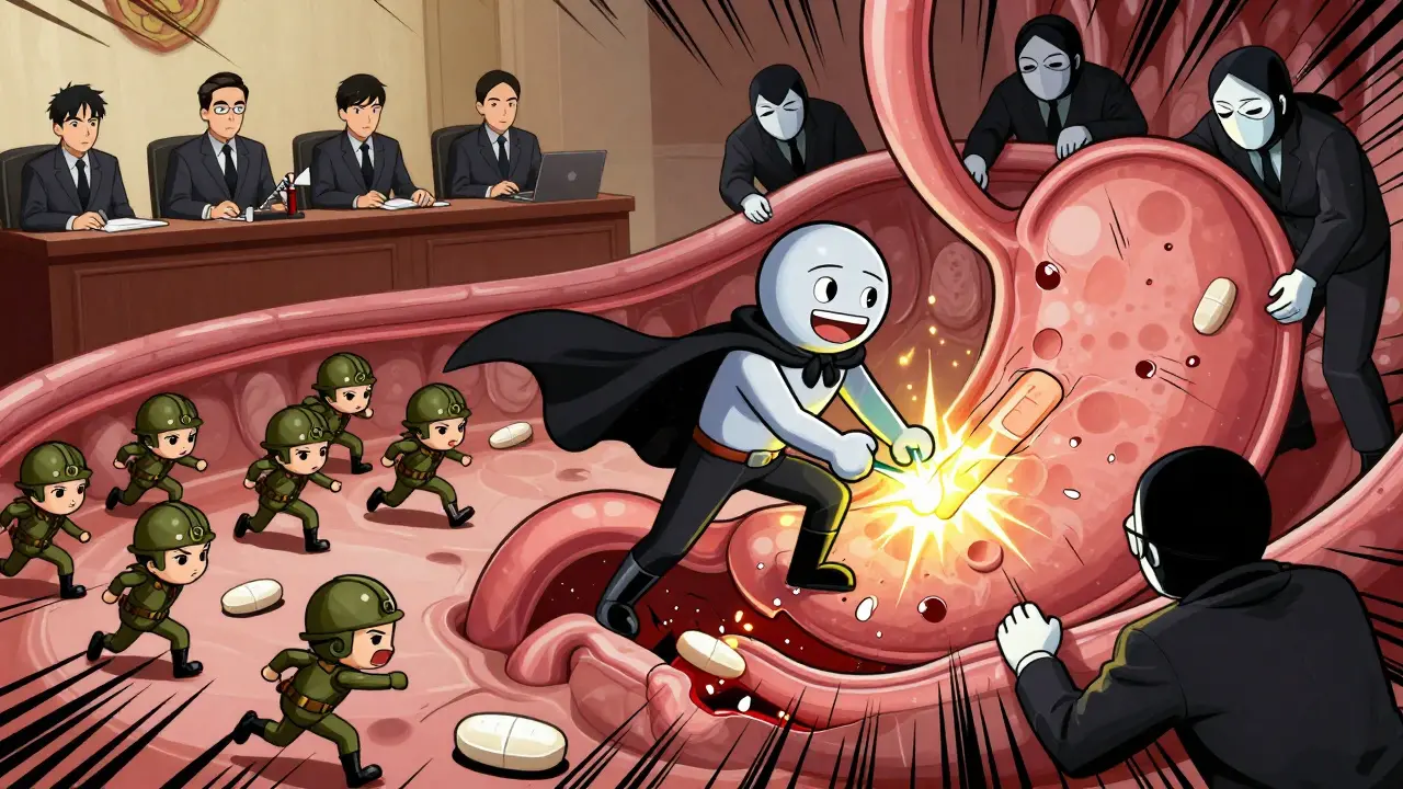 Platelets failing while NSAIDs damage the stomach, rescued by a heroic PPI pill with a cape sealing the wound.