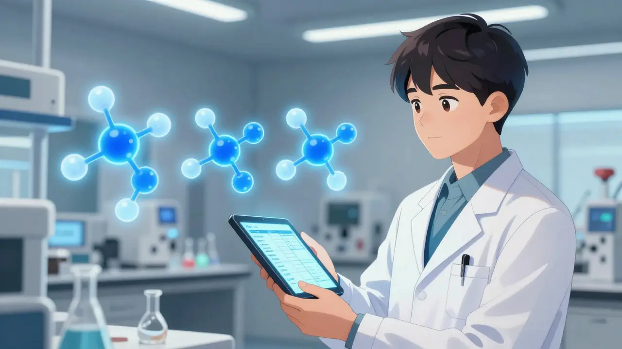 Scientist examining glowing molecular structures confirming drug similarity in a lab