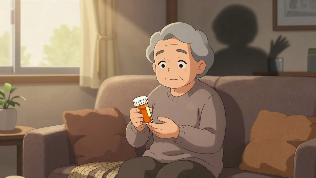 Smiling senior patient relieved by affordable medicine.