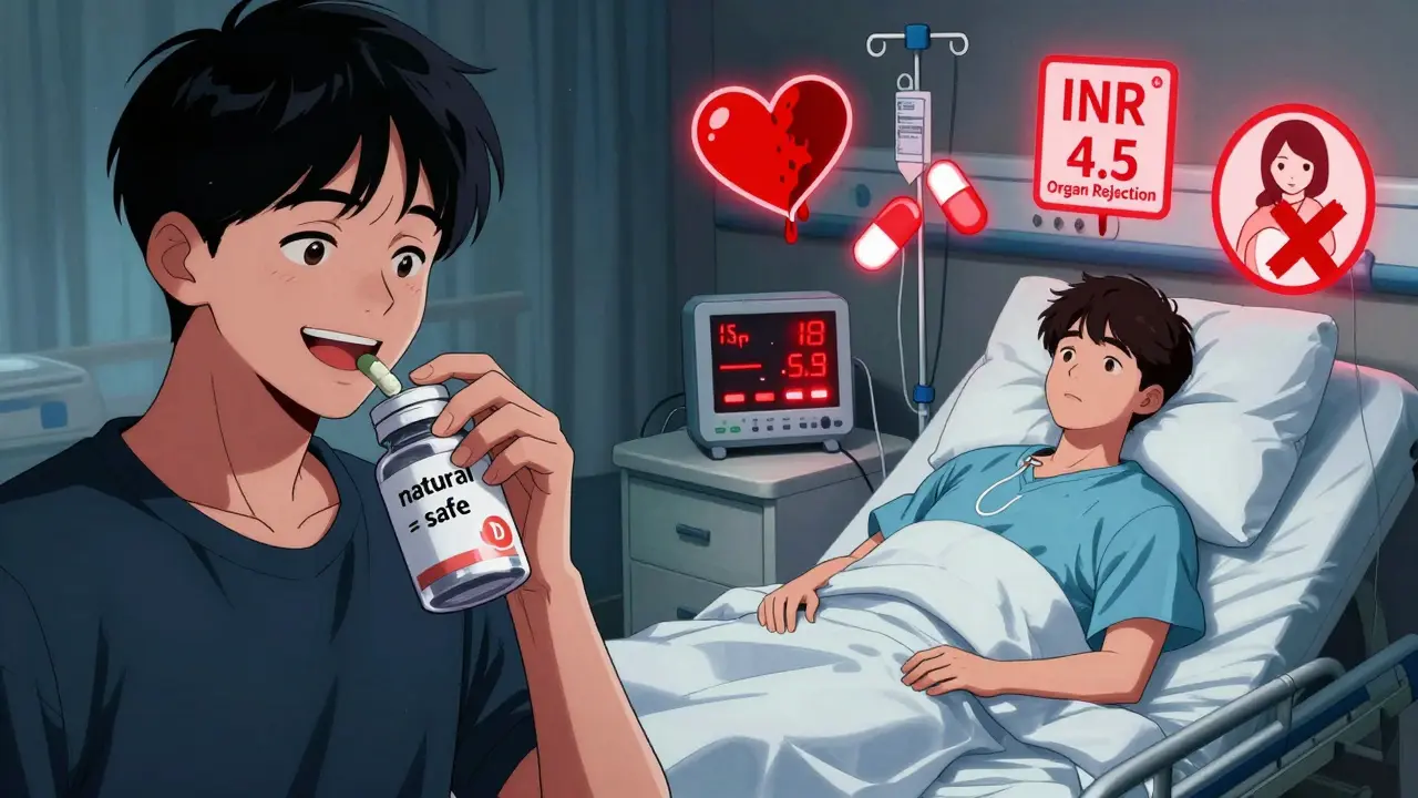 Split image: person taking supplements happily vs. same person in hospital with critical health alerts.