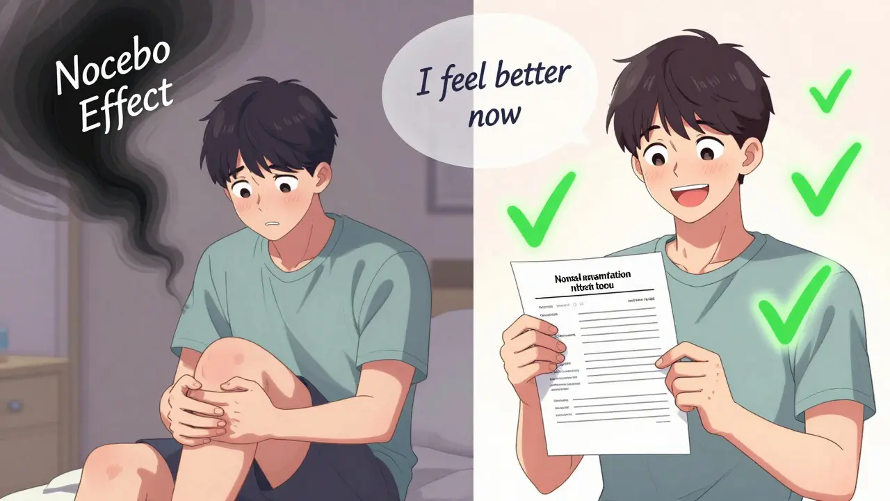 Split scene of a patient experiencing nocebo effect on one side and relief on the other, with emotional expressions and medical indicators.