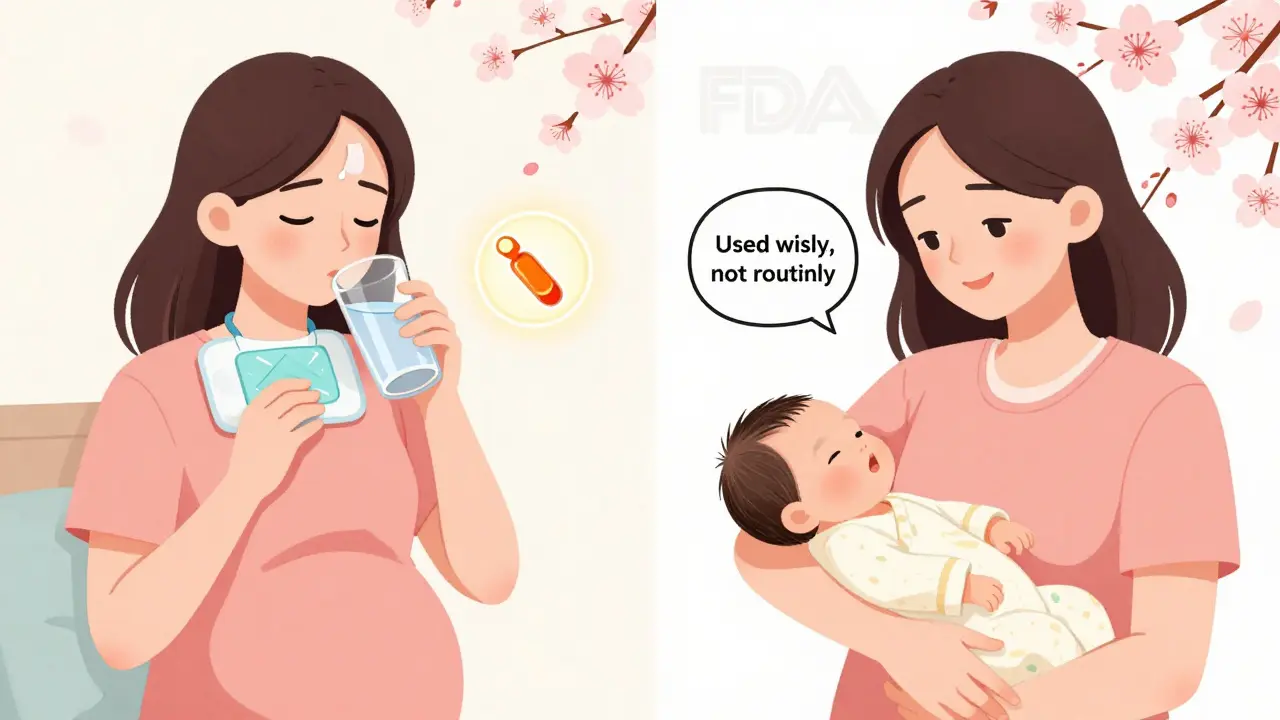 Split scene: pregnant woman using a cool compress for fever, later holding her newborn with a reminder to use acetaminophen wisely.