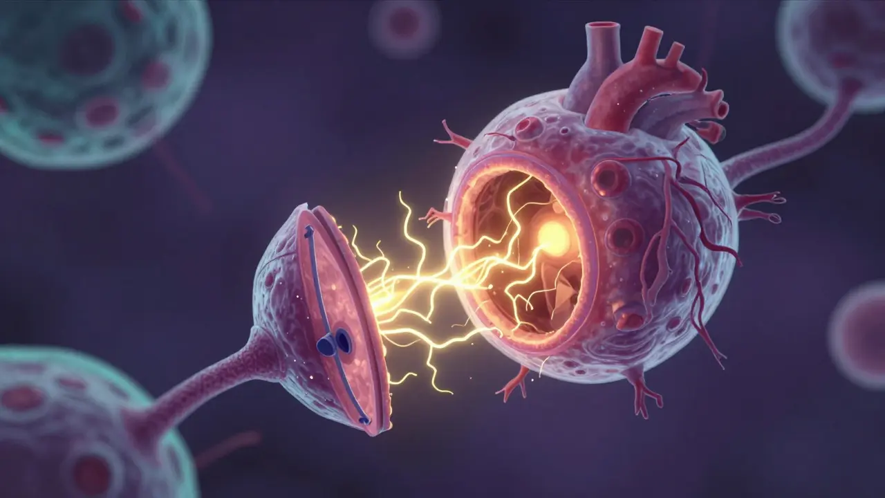 Stylized heart cell channel blocked by a molecule shape.