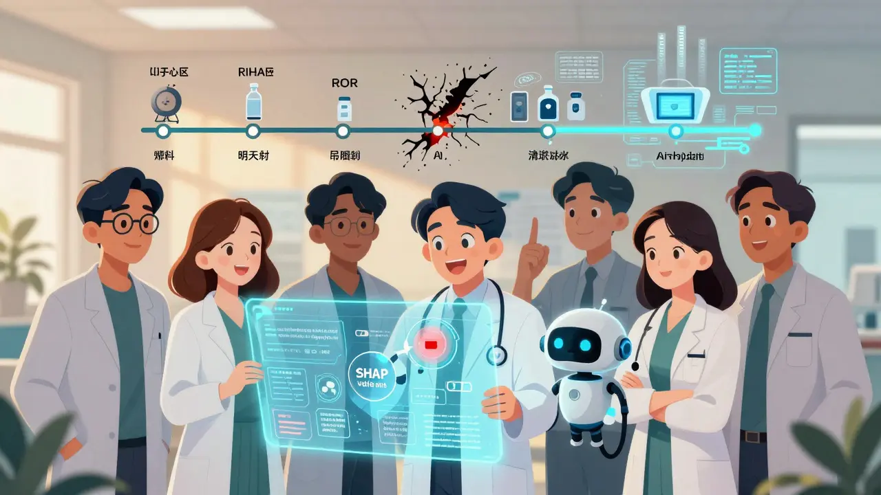 Team reviewing AI-generated drug safety signal with explainable AI bubbles.