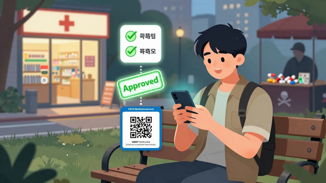 Traveler checking CDC MedAbroad app on phone with approved medication icons and licensed pharmacy in background