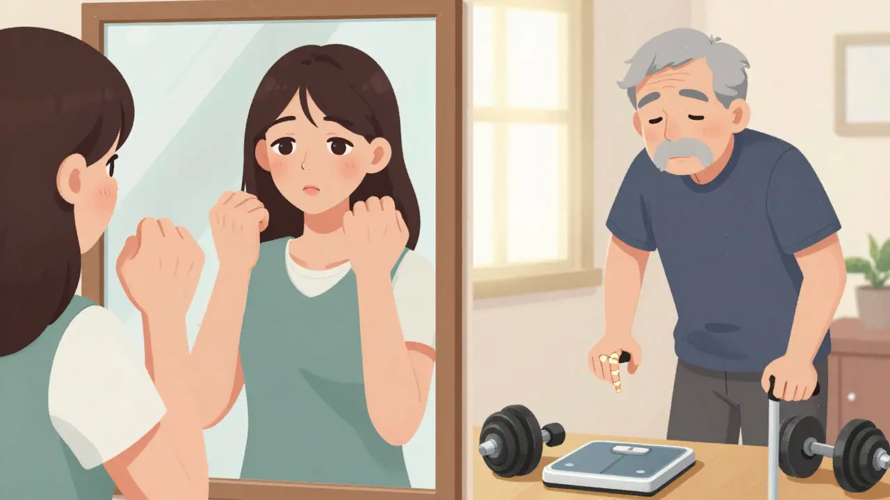 Young woman with symmetrical swollen wrists beside an older man with bony finger nodes, illustrating differences between rheumatoid and osteoarthritis.