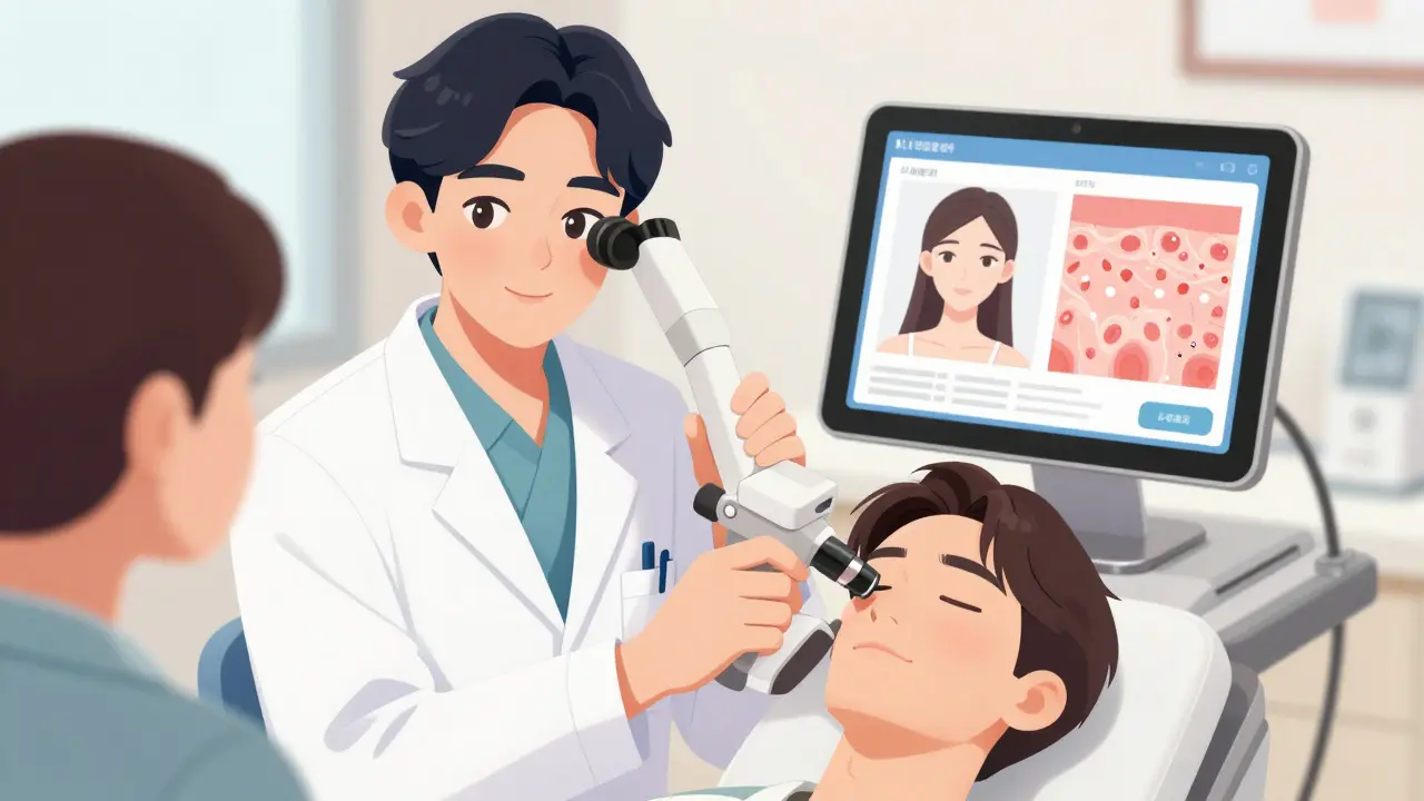 A dermatologist using a dermatoscope to examine a patient's skin in a clinic.