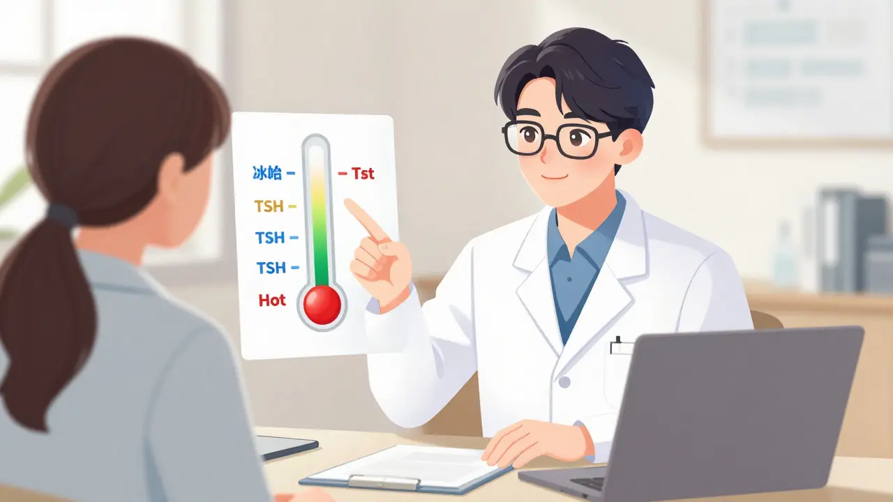 A doctor and patient discussing thyroid hormone levels using a thermostat-style chart.