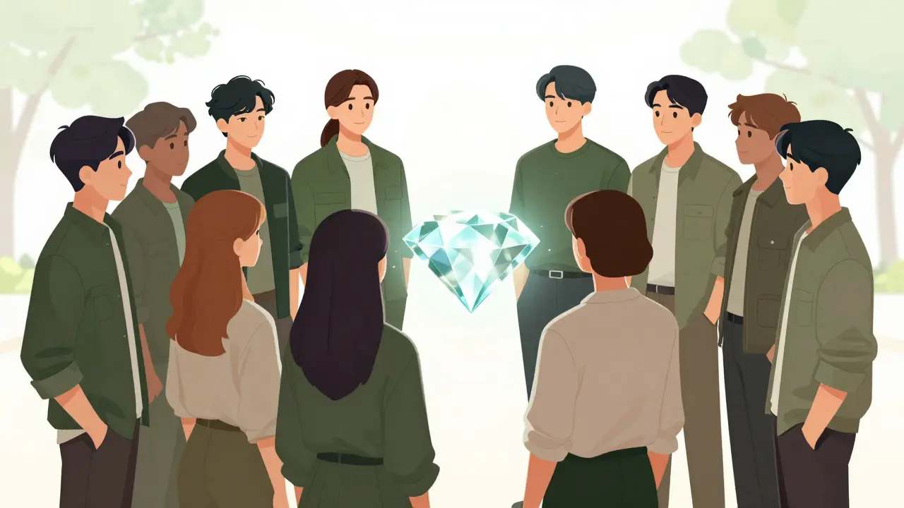 A group of loyal customers standing around a glowing diamond core symbolizing shared brand values.