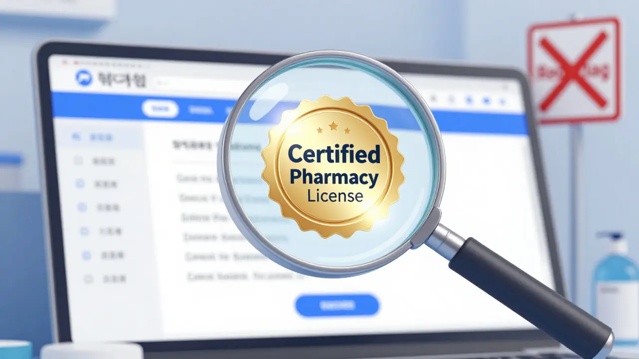 A magnifying glass highlighting a certified pharmacy license on a digital screen.
