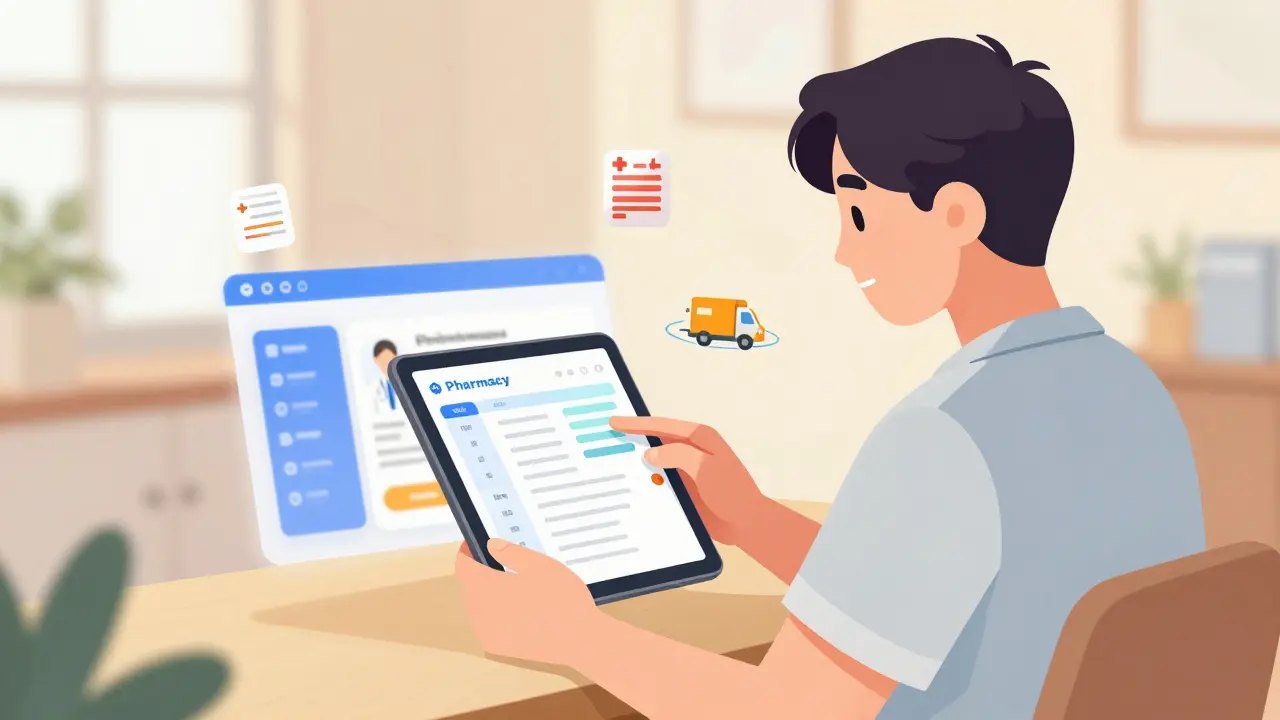 A person using a tablet to manage a prescription lithium order from a pharmacy.