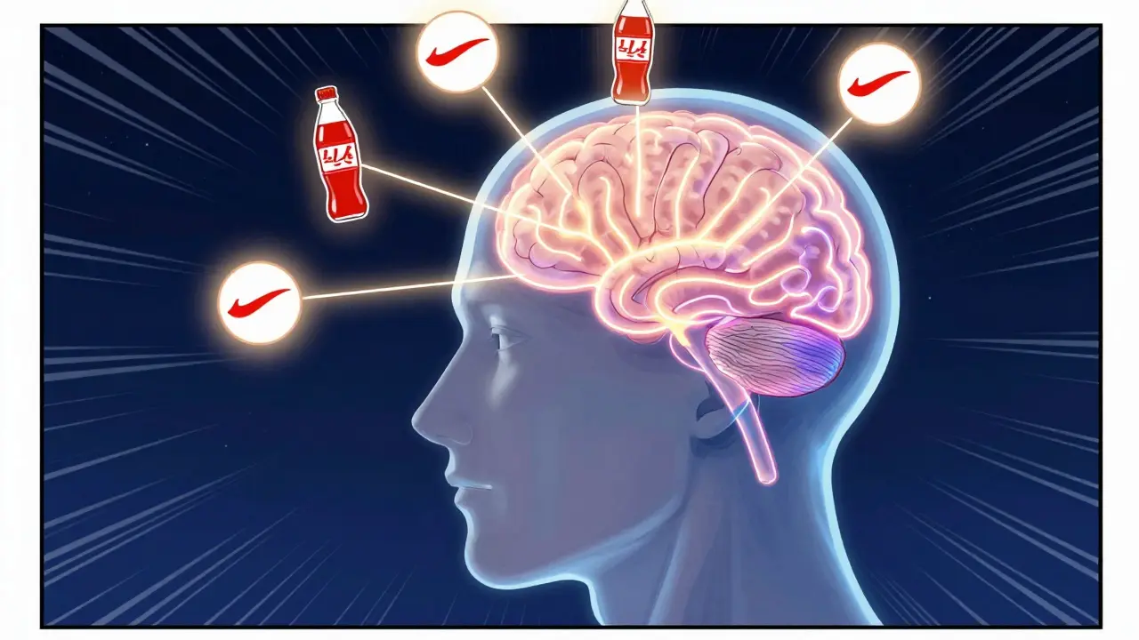 A stylized brain showing a glowing amygdala reacting to consistent brand symbols in webtoon style.