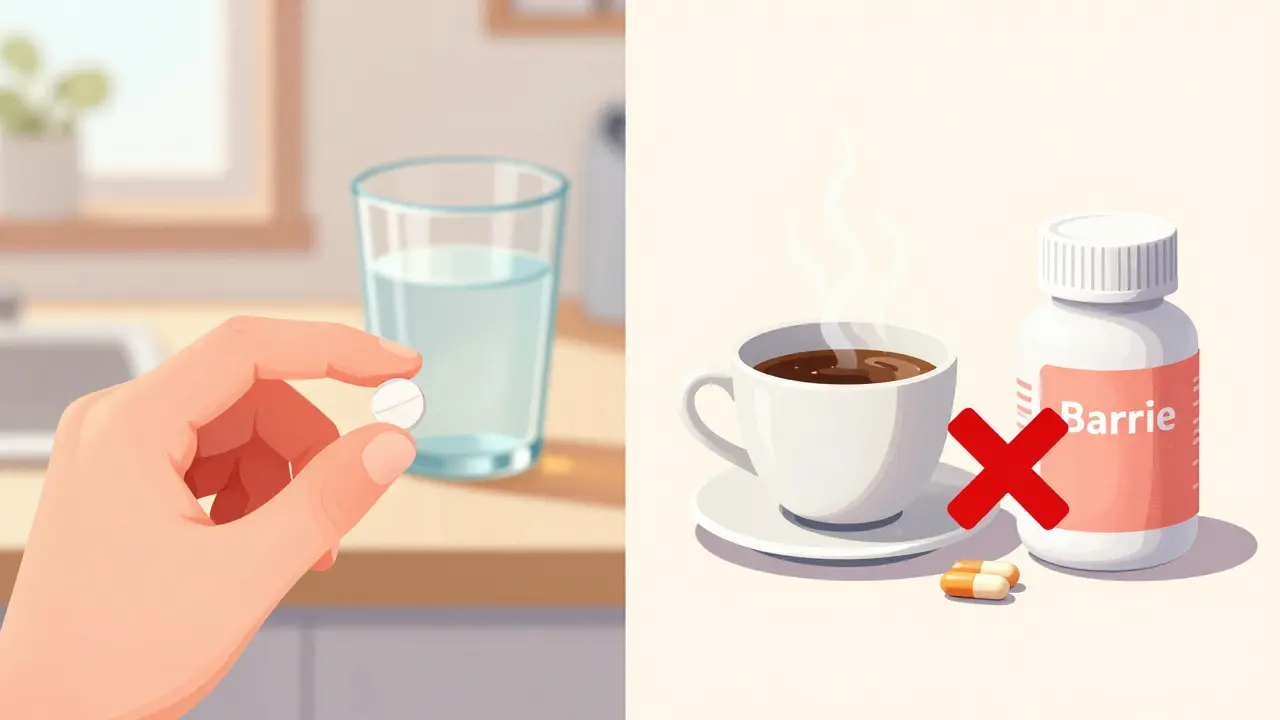 A visual guide showing a thyroid pill with water and a warning against coffee and supplements.