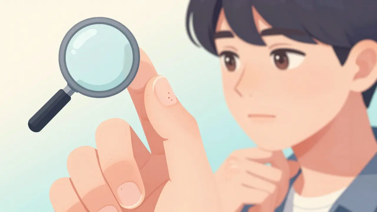 Close-up of fingernails with pitting and small dents, indicating psoriasis.