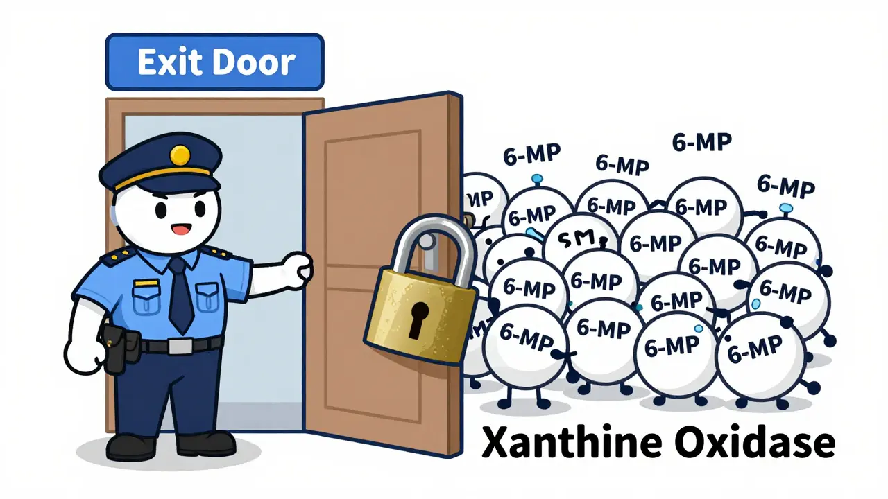 Conceptual illustration of a blocked enzyme exit door causing drug buildup.