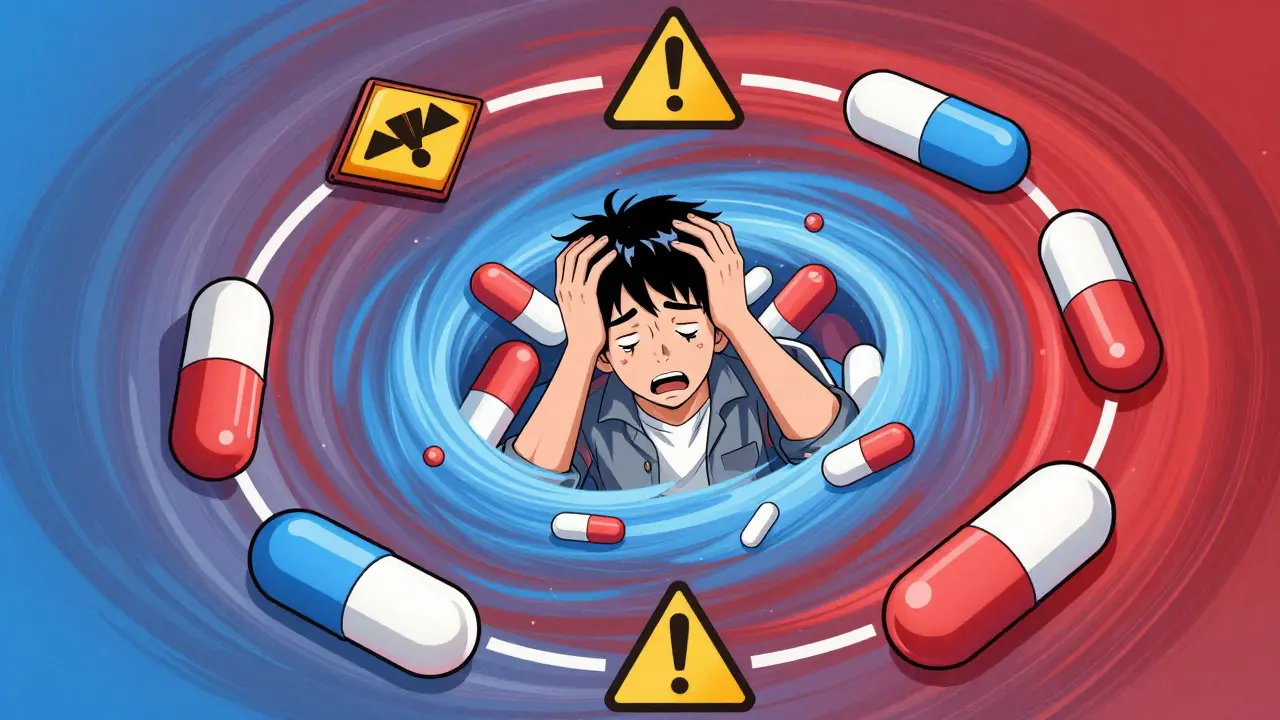 Conceptual illustration of a person trapped in a cycle of medication-overuse headaches.