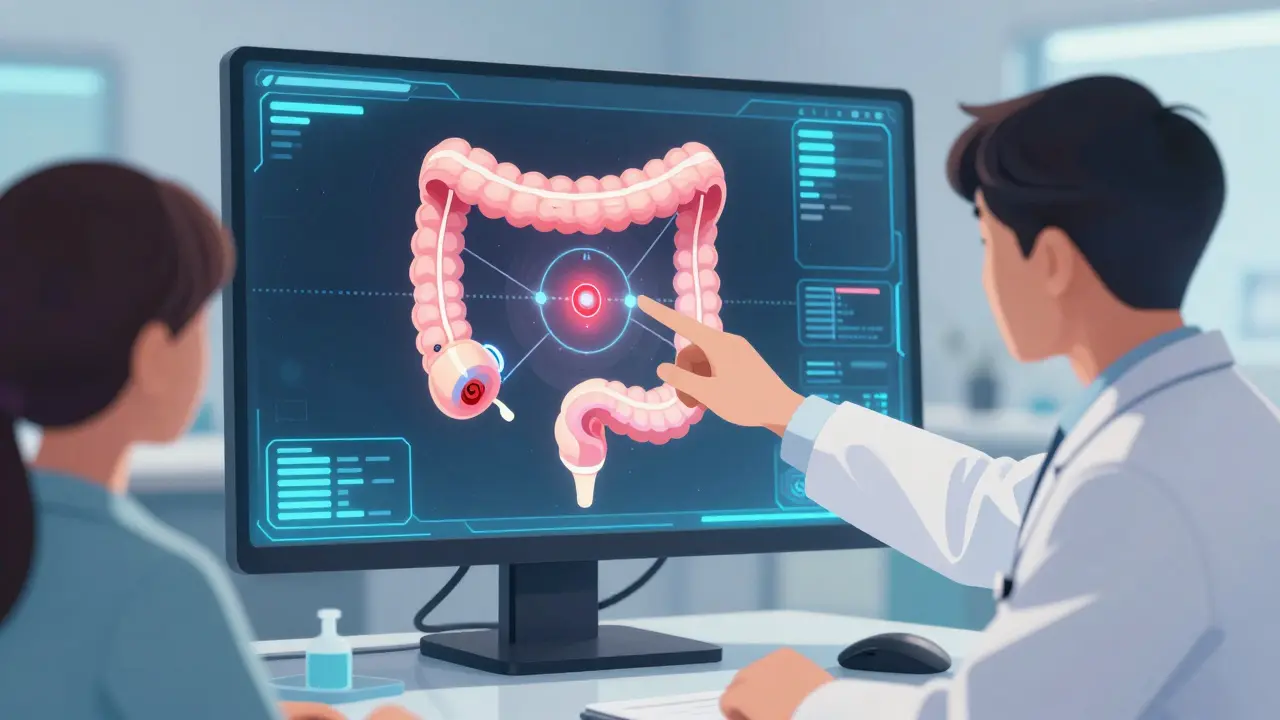 Doctor and patient viewing an AI-assisted colonoscopy screen showing a vascular lesion.