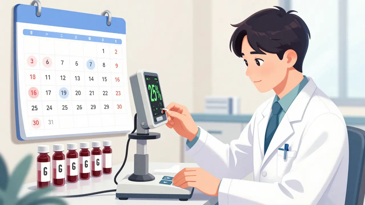 Doctor carefully adjusting a low medicine dose with blood test vials nearby.