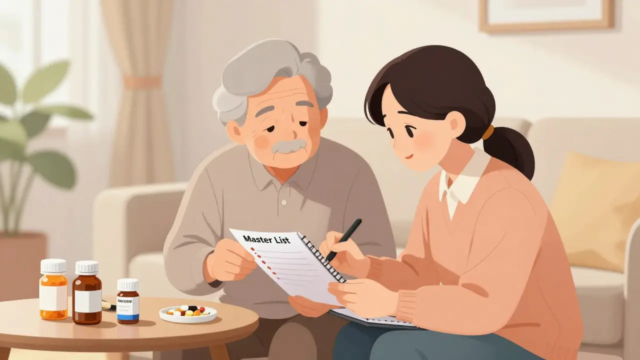 Elderly patient and caregiver creating a comprehensive medication list in a sunny room.