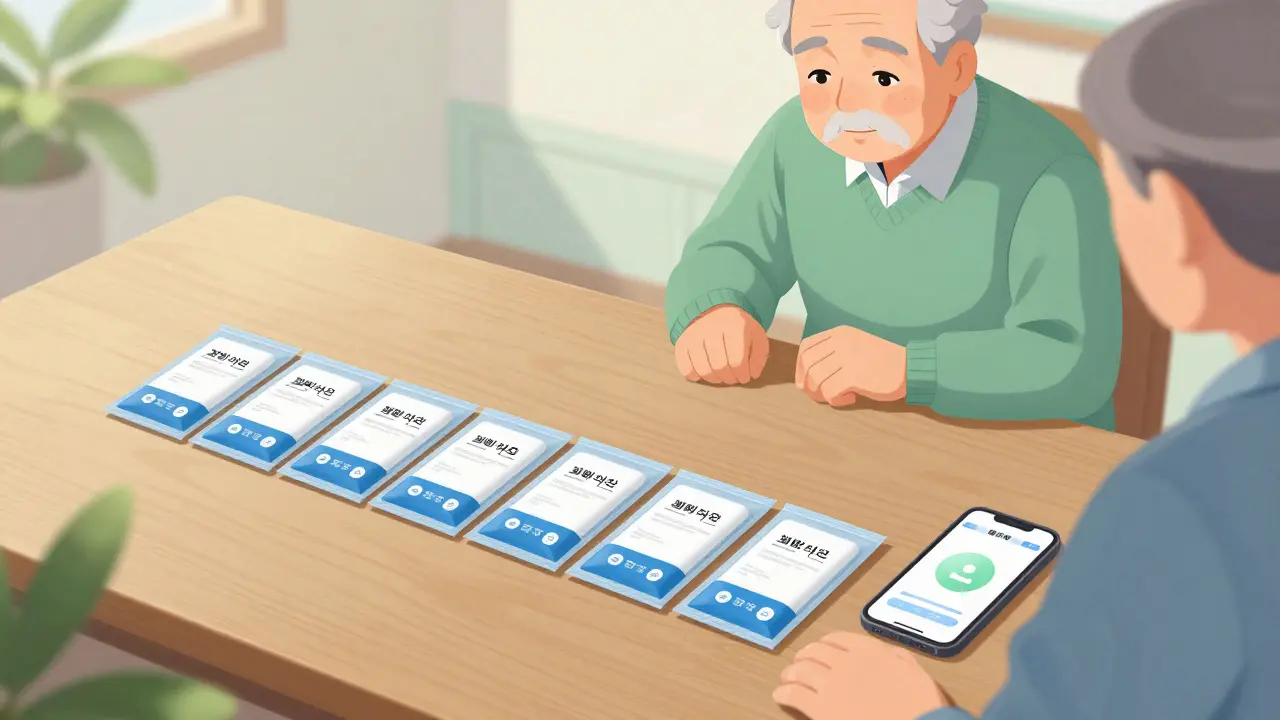 Neatly arranged daily pill pouches and smartphone on table.