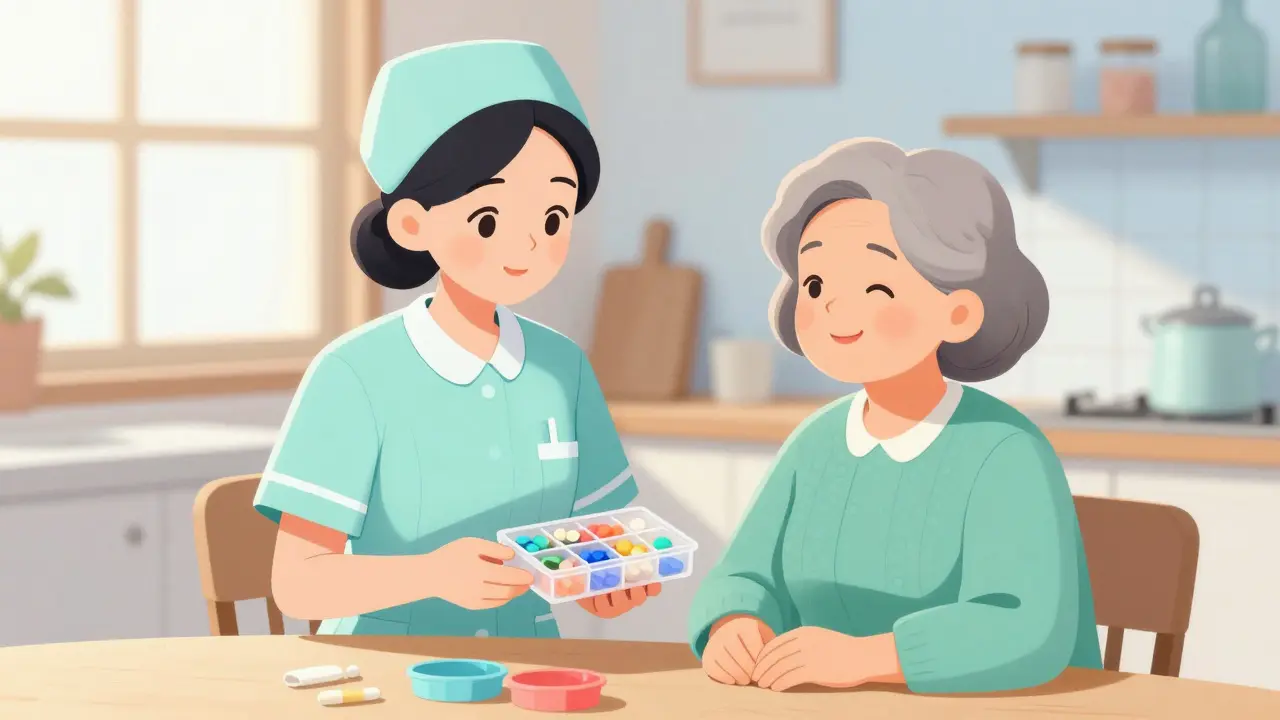 Nurse helping senior organize medications at kitchen table.