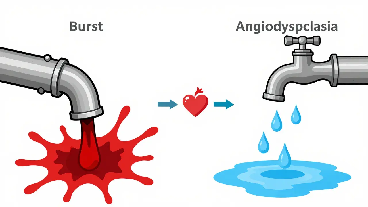 Split illustration comparing a burst pipe and a leaky faucet to explain GI bleeding types.