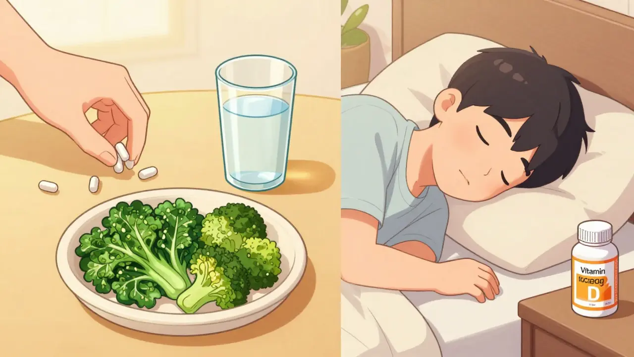 Split screen showing a healthy calcium-rich meal and a bedtime vitamin routine