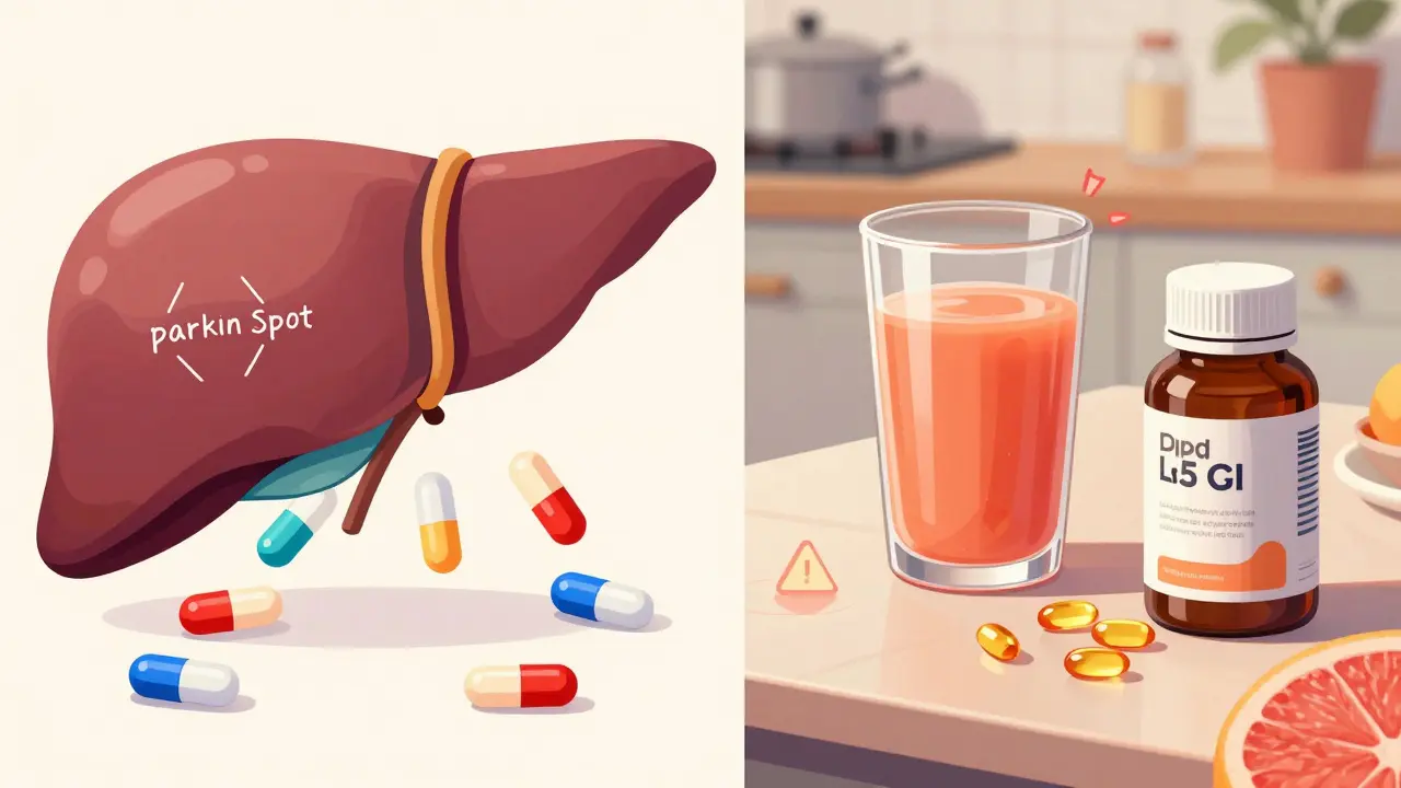 Split view of liver enzymes as parking spots and a table with grapefruit juice and supplements.