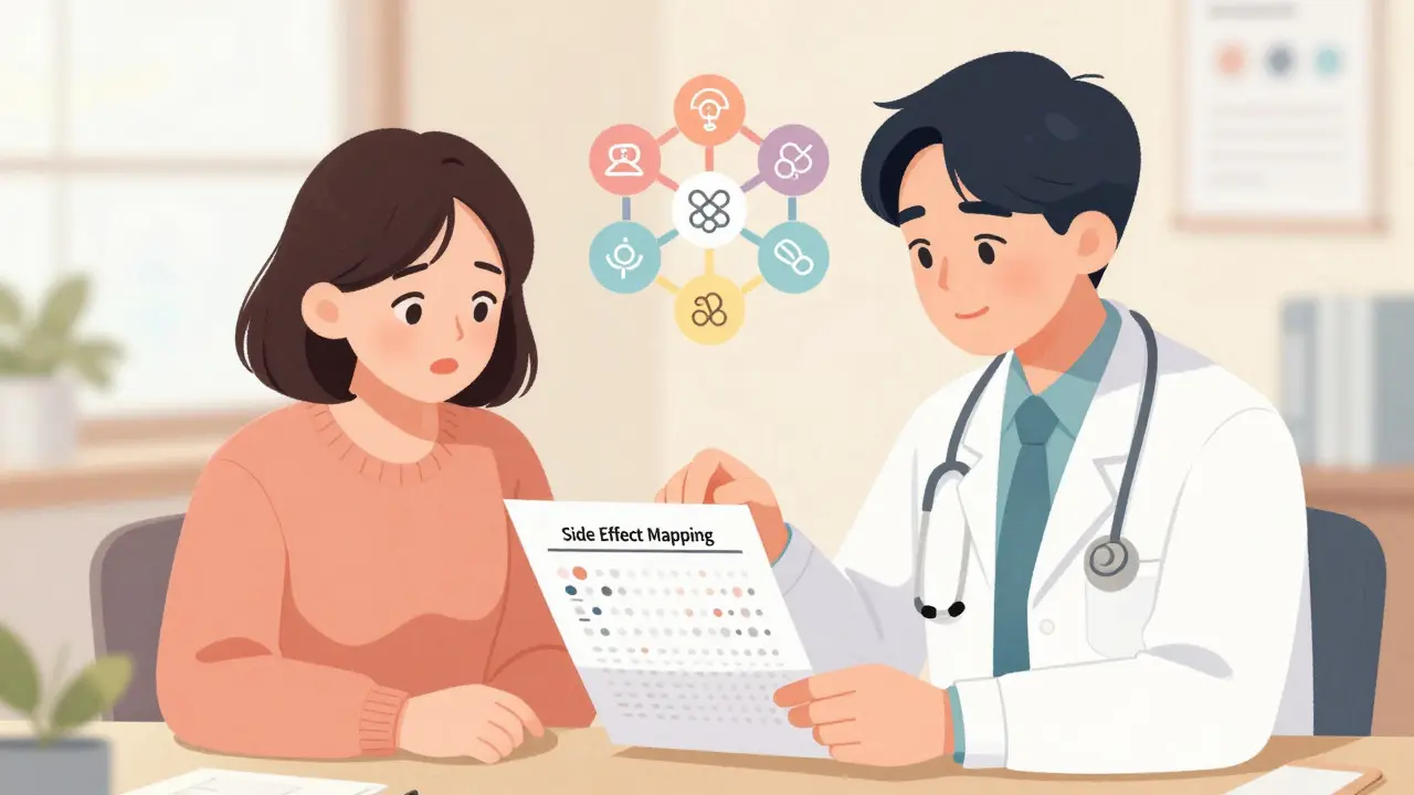 Clinician and patient collaboratively reviewing side effect mapping chart