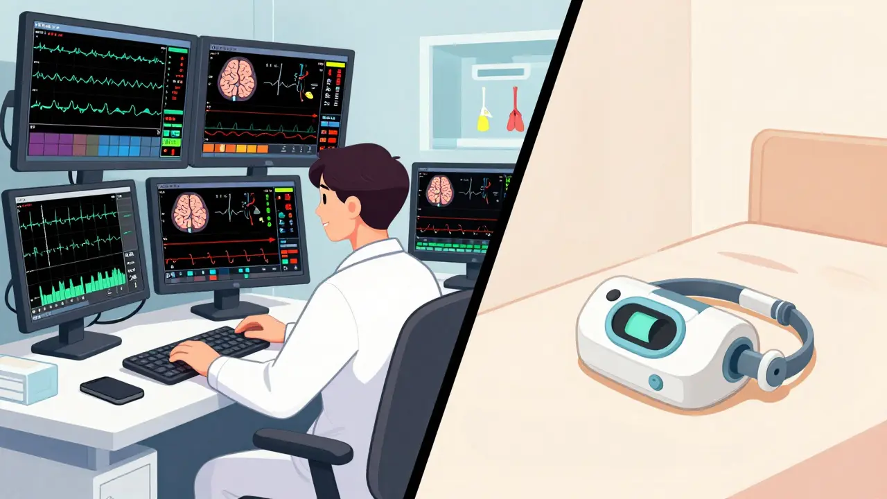 Comparison between a detailed sleep lab setup and a simple home test kit.