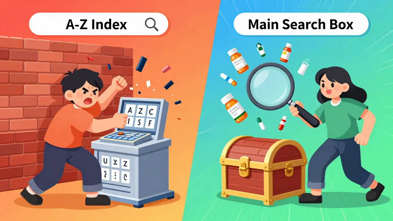 Comparison of frustrating A-Z index vs efficient main search box for drug info