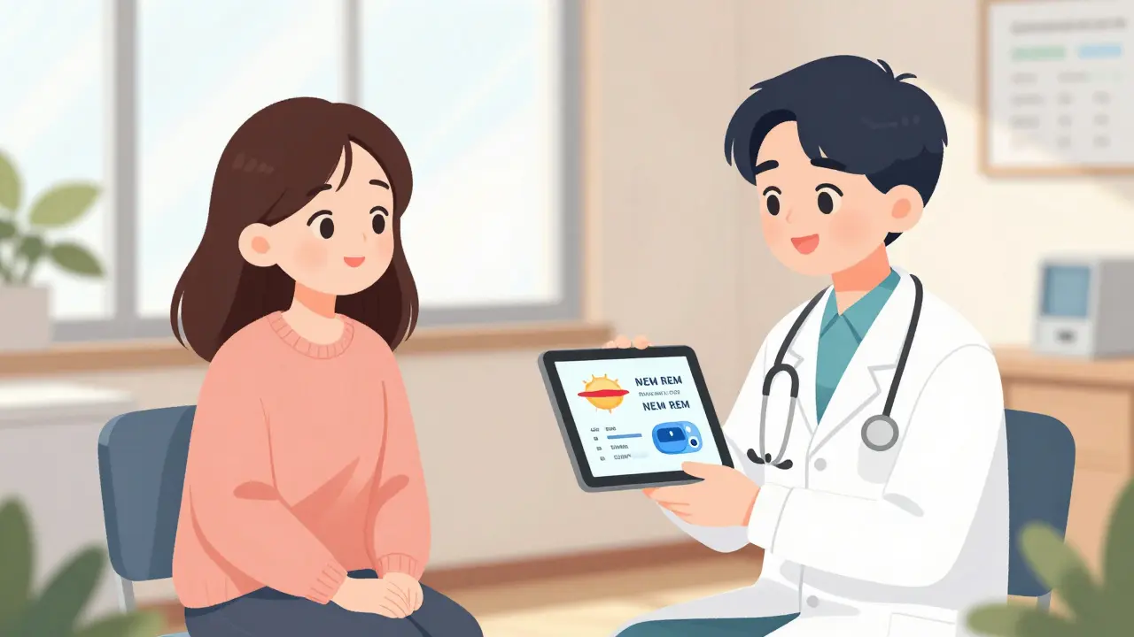 Doctor explaining sleep study results and treatment options to a happy patient.
