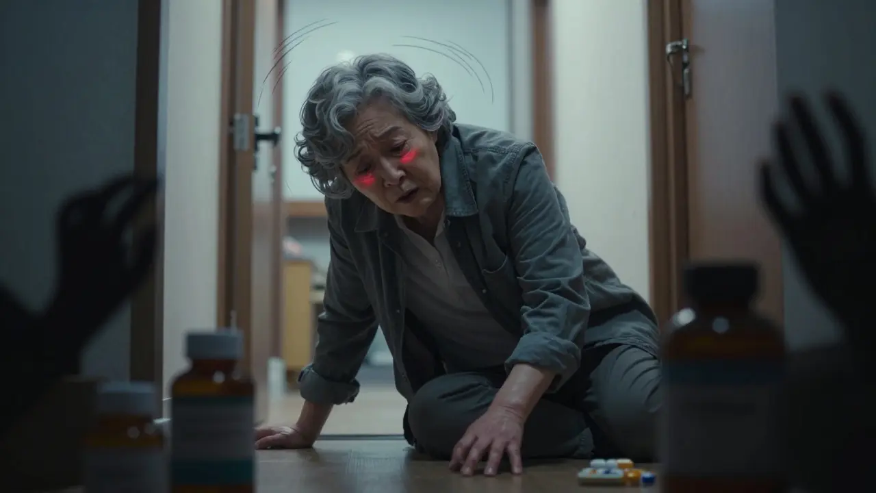 Elderly person stumbling due to dizziness from medication side effects