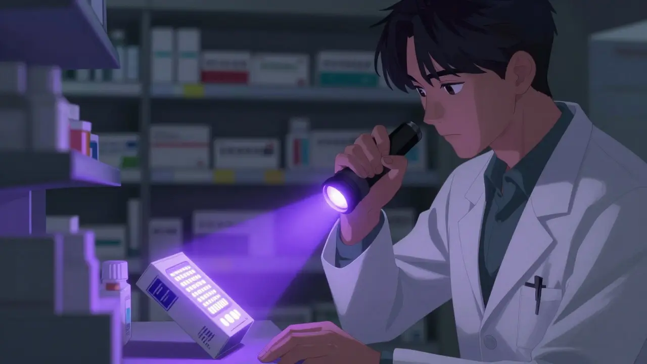 Pharmacist using UV light to verify drug authenticity