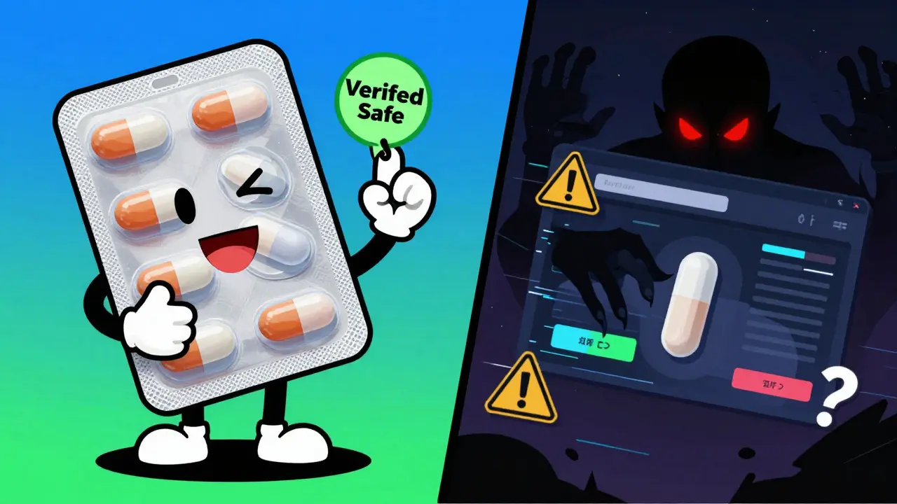 Split screen showing safe verified meds versus dangerous fake online pills