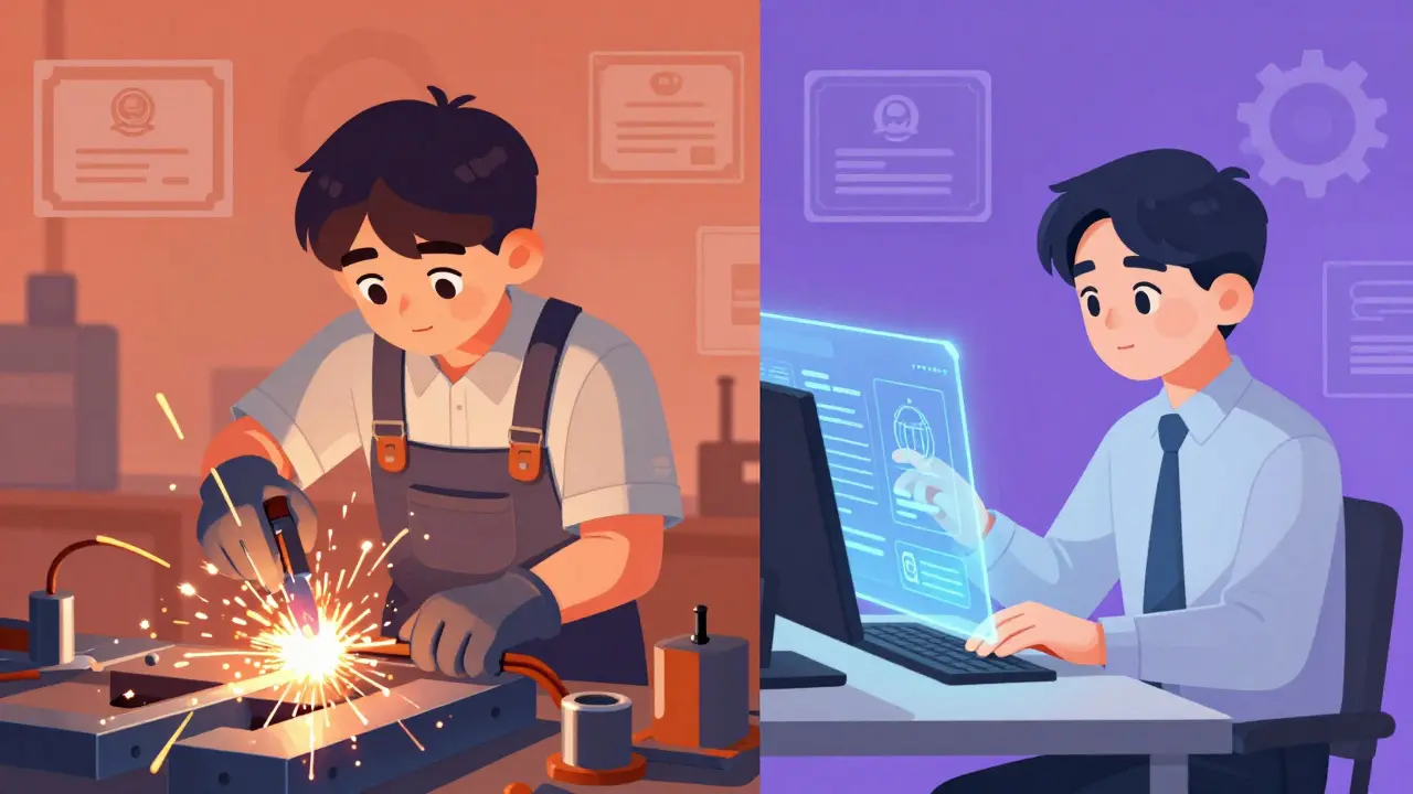 Split view of welding trade skills vs engineering data analysis
