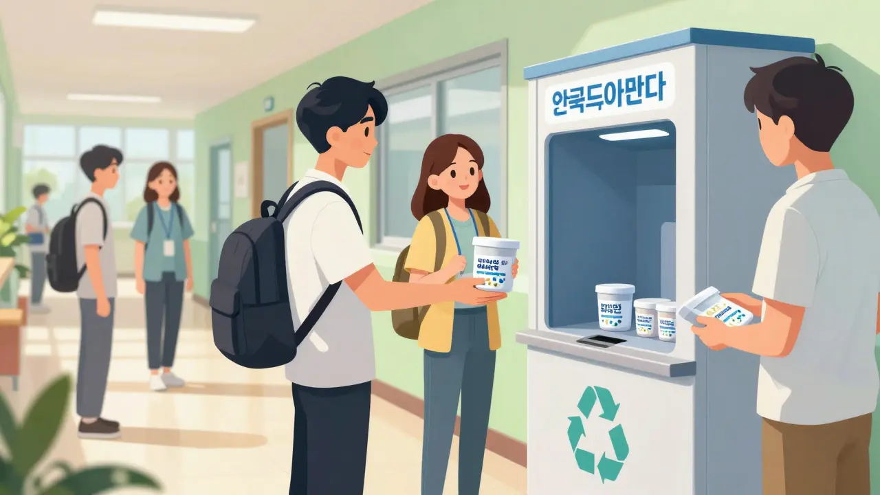 Student disposing meds at campus kiosk