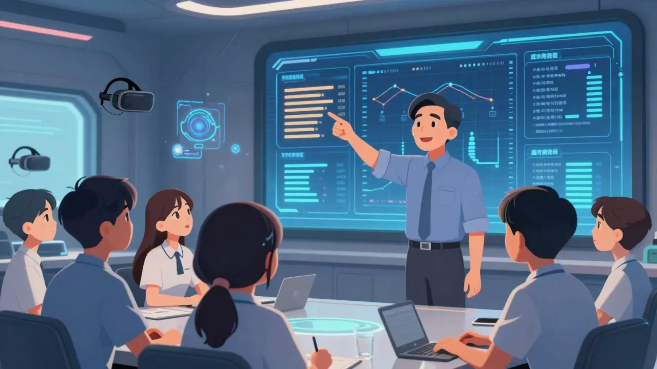 Team receiving mentorship in a high-tech manufacturing control room