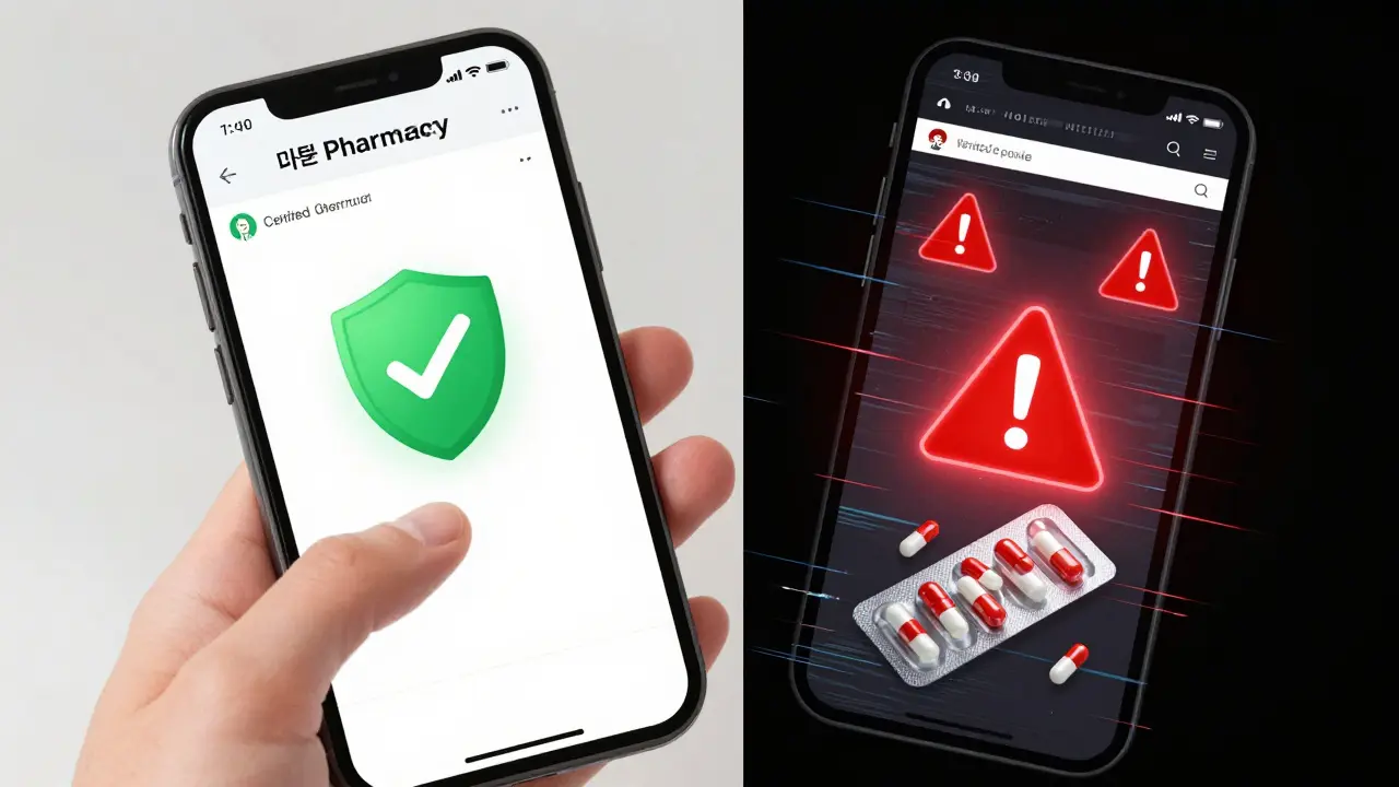 Webtoon illustration comparing safe vs unsafe online pharmacies