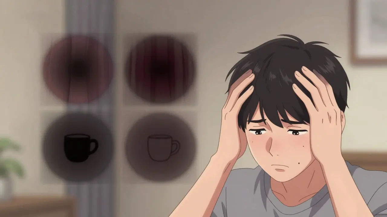 Webtoon illustration of a person experiencing blurred vision and dark spots caused by hypertensive retinopathy.