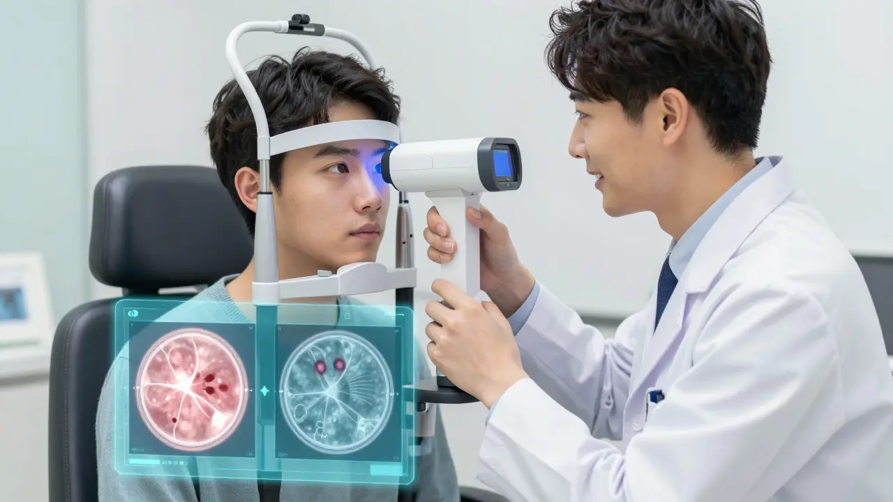 Webtoon style doctor using advanced technology to examine a patient's eye for early signs of retinal damage.