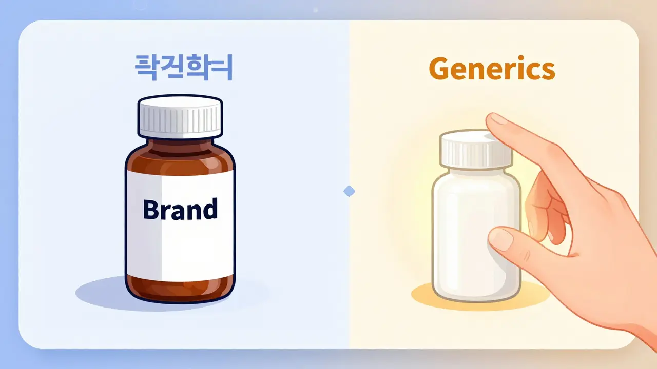 Comparison of expensive brand pill vs glowing generic pill in webtoon art